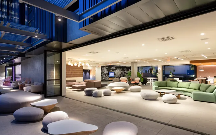 Modern commercial lounge with soft seating