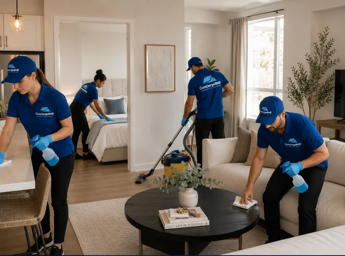 Cleaning team working through a living room